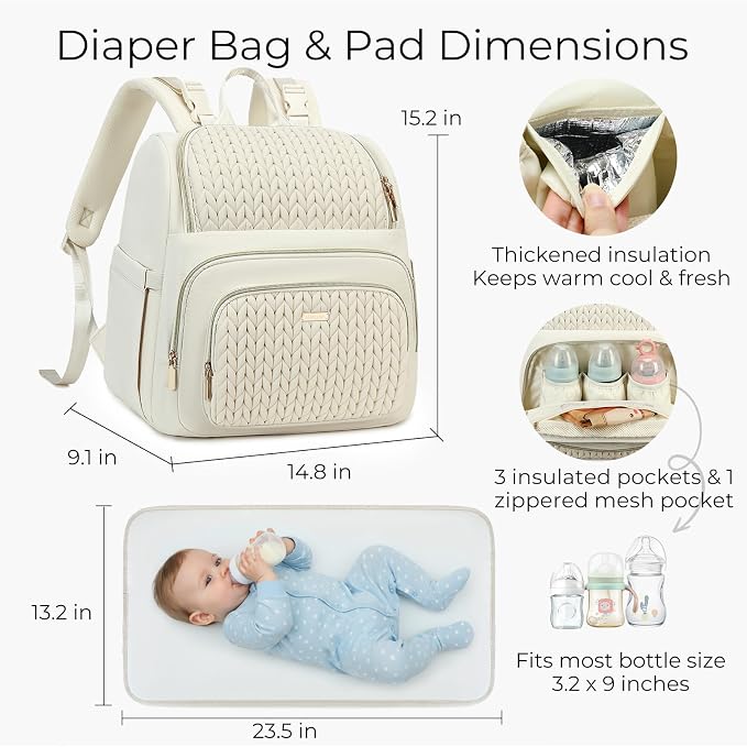 MAPLELILY Large Diaper Bag Backpack, Stylish Baby Travel Diaper Bag, Beige | Lightweight maternity hospital backpack. With changing pad, stroller straps, insulated pocket. Mom, dad, toddler - Image 6