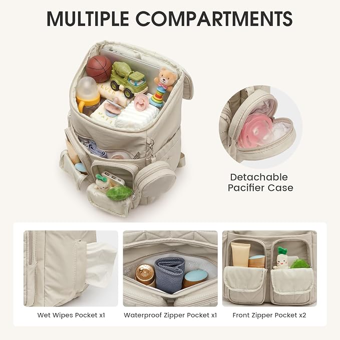 G4Free Diaper Bag Backpack for Moms Dads Travel Baby Bag with Pacifier Case & Insulated Pockets,Beige - Image 5