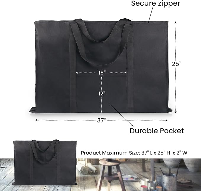 JJRING Dacron Art Portfolio Tote Bag 25'' x 37'' For 24'' x 36'' Black | Light Weight Carrying Storage Case Suitable Poster, Sketching, And Drawing - Image 2