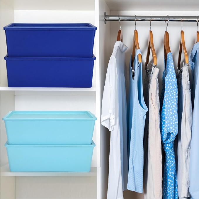 4 Pcs Storage Bins with Lids, Dark Blue, Light Blue, Large | Plastic Stackable Organizing Containers, Heavy Duty Storage Boxes for Classroom Room Shelves, Christmas Ornaments Baskets - Image 5