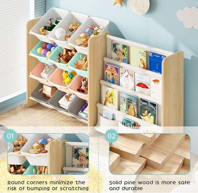 EXPERLAM Kids Toy Storage Organizer with Bookshelf - 12 Multi-Color Bins and 4 Book Shelves, Organizers and Storage for Playroom, Nursery, Room, Burlywood - Image 3