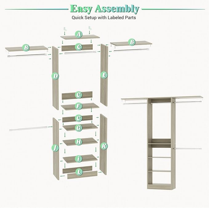 Besiost 4FT Small Closet Organizer System with 4 Hanging Rods & 3 Shelves | 48" Closet System for Small Closets, 80" H Small Closet Organizers and Storage for Bedrooms, Cloakrooms, White Oak - Image 7