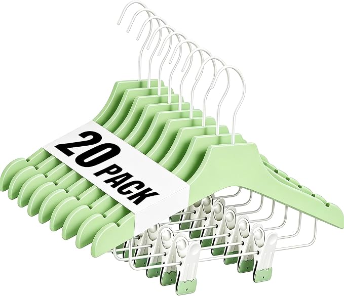 Green 12.7" Ultra-Thin Wooden Children Closet Clothes Clips Hangers 20PCS Wood Baby Kids Coat Hangers for Infant Toddler Newborn Jumpsuit Pants Skirts Jeans Space Saving Heavy Duty Durable by HELEE