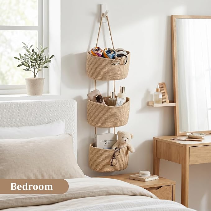 TeoKJ Over the Door Hanging Basket, 3-Tier Woven Cotton Wall-Mounted Storage Organizer Bag Decorative Hanging Nursery Baskets, Jute - Image 8