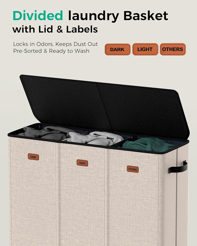 185L Laundry Hamper 3 Section with Lid & Removable Bags | Collapsible laundry basket organizer for laundry room, bedroom & dorm with 3 removable washing bags - Image 3