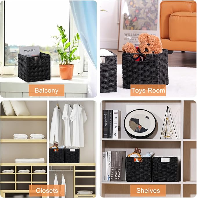 Wicker Basket, Set of 2 Woven Storage Baskets for Shelves, Foldable Cube Storage Basket Bins with Handles, 9 inch Small Storage Baskets for Organizing Pantry Bedroom, Black - Image 5