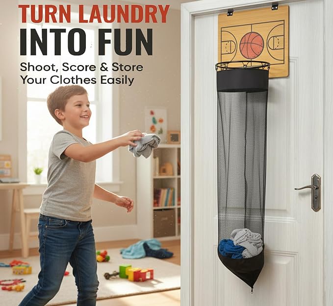 Oversized Basketball Laundry Hamper with Wooden Backboard – Over the Door Basketball Hoop Laundry Basket for Dirty Clothes, Boys Room Organizer & Fun Clothes Hamper (Wood) - Image 2