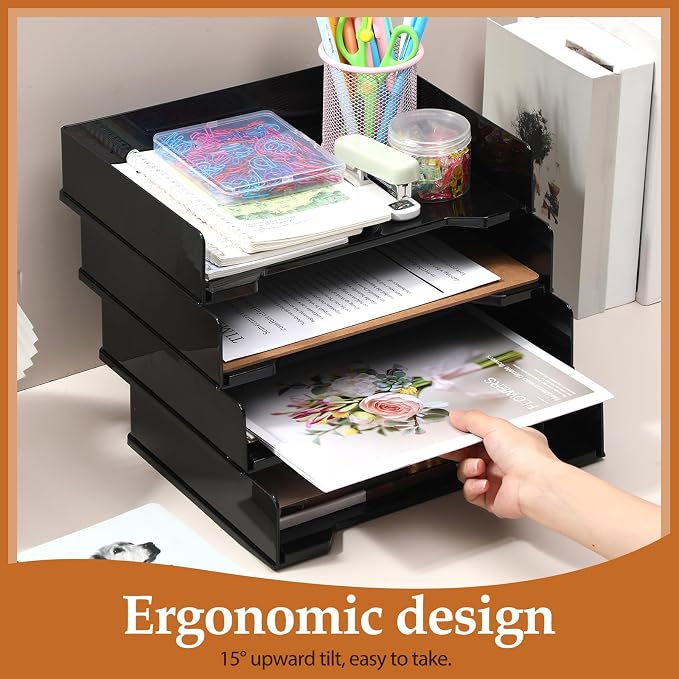 DoubleFill 8 Pcs Stackable Letter Tray Plastic Paper Tray, Black | 13 x 9.5 x 2.6 In, Rectangular, Paper Holder, File Tray for Desktop Office Desk Drawers - Image 6