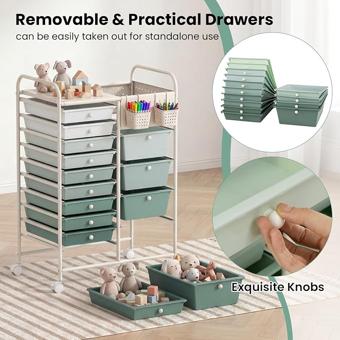 GOFLAME 14-Drawer Rolling Storage Cart with Pegboard, Craft Storage Cart with Lockable Wheels and Metal Frame, Art Cart Supply Storage Organizer for Home Office Classroom, Green Gradient - Image 7