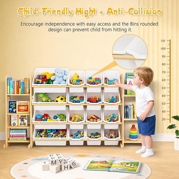Kids Toy Storage Organizer with Bookshelf – Wooden Shelf with 16 Bins & 6 Shelves, Quick Assembly Storage Rack for Playroom, Bedroom, Nursery - White - Image 4