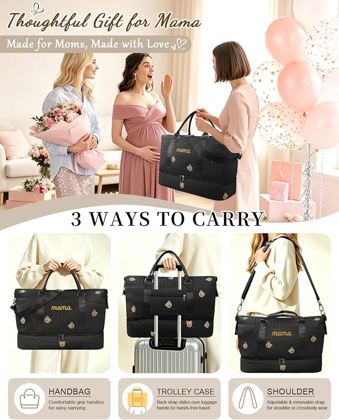 Mama Maternity Hospital Bag Essentials for Women Labor Delivery Baby Diaper Organizer with Shoe Compartment & Toiletry Pouch Travel Duffle Bag for Pregnancy Mommy Weekender Overnight Gifts,Black Bear - Image 6