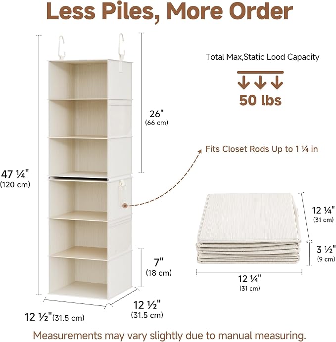 StorageWorks 6-Shelf Closet Organizers, Two 3-Shelf Separable Hanging Shelves for Closet, 12 1⁄2" D x 12 1⁄2" W x 47 ¼" H, Mixing of Beige, White & Ivory - Image 3