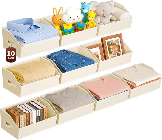 Large Closet Organizers and Storage Bins - 10 Pack Trapezoid Storage Baskets for Shelves, Foldable Fabric Basket with Handles Ideal for Closet, Basket, Wardrobe and Shelf Storage, Beige by Homsorout