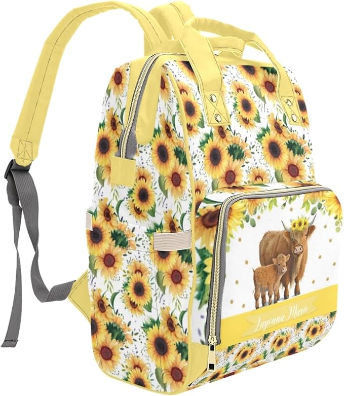 Custom Sunflower Cow Diaper Bag for Women, Personalized Name Multifunction Nylon Nursing Mommy Daypack with Large Capacity for Travel, Birthday Mother Gift - Image 3