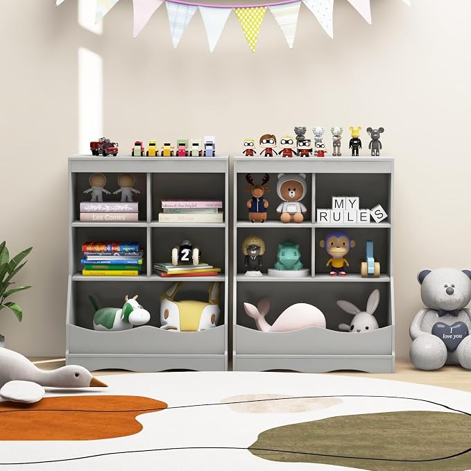 HONEY JOY Kids Toy Storage Organizer with Bookcase, 4-Cubby Organization Storage Cabinet w/Display Shelf, Wooden Toy Storage Unit for Playroom, Nursery Daycare(Gray) - Image 2