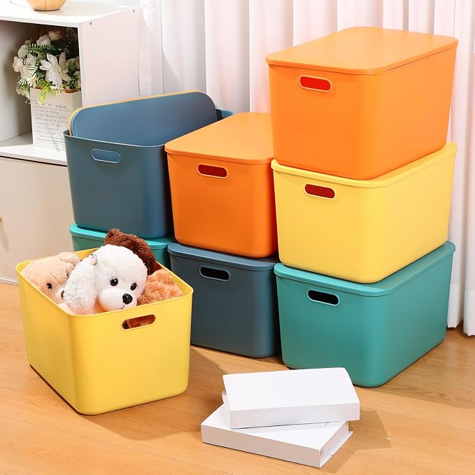 8 Pack Storage Bins, 16.1 X 12.0 X 9.7 Inch Multi-colored | Plastic Stackable Containers with Lid Handle, For Shelves Desktop Playroom Office, Organizing Toys Books Supplies Storage - Image 4