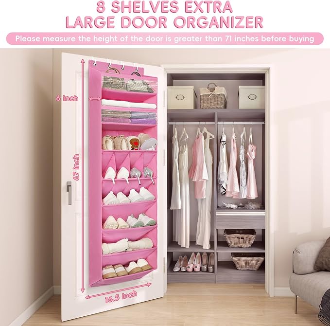 1 Pack 8 Shelves Over The Door Shoe Organizer, 68" Exlarge Deep Pockets | Hanging Shoe Organizer, Shoe Rack for Closet, Shoe Holder for Boots, Sneakers, Heels, Over Door Organizer in Home, Dorm, Pink - Image 2