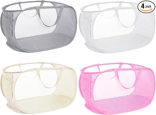4 Pack Collapsible Laundry Baskets, Foldable Laundry Basket with Pocket, Durable Mesh Pop Up Hampers, Reinforced Handles Dirty Clothes Hamper for Laundry, Bedroom, Bathroom, Dorm, Travel or Camping by Bemkoo