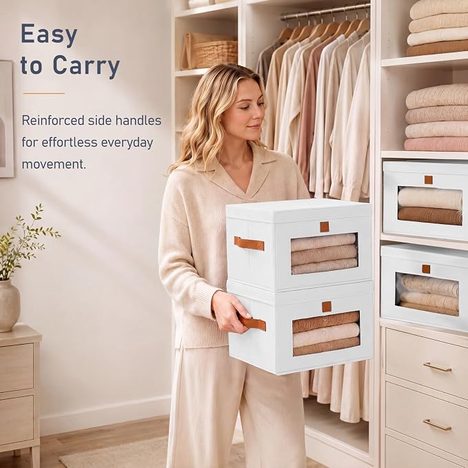 DIMJ Storage Bins with Lids - 5 Pack Front Opening Stackable Fabric Storage Boxes with Clear Window & Handles, Collapsible Closet Organizers for Clothes, Sweaters, Shelf Storage, Bedroom, White - Image 5