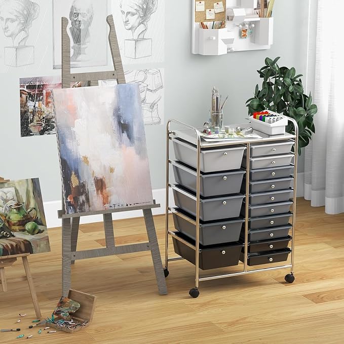 15 Drawer Rolling Storage Cart, Rolling Cart with Drawers for Classroom, Art Supply Craft Organizer on Wheel with Metal Frame & Handles for Home Office School - Image 7