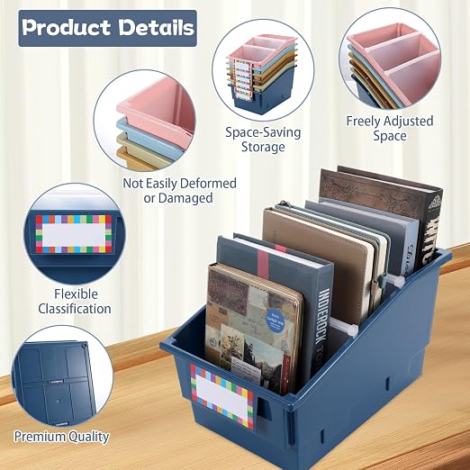 gisgfim 6 Pack Picture Book Bin with Dividers Classroom Library Book Bin Small Plastic Books Holders with Labels for Classroom Library Magazines Storage Organizer 13.5 x 8.75 x 7.75 in(Vintage) - Image 3