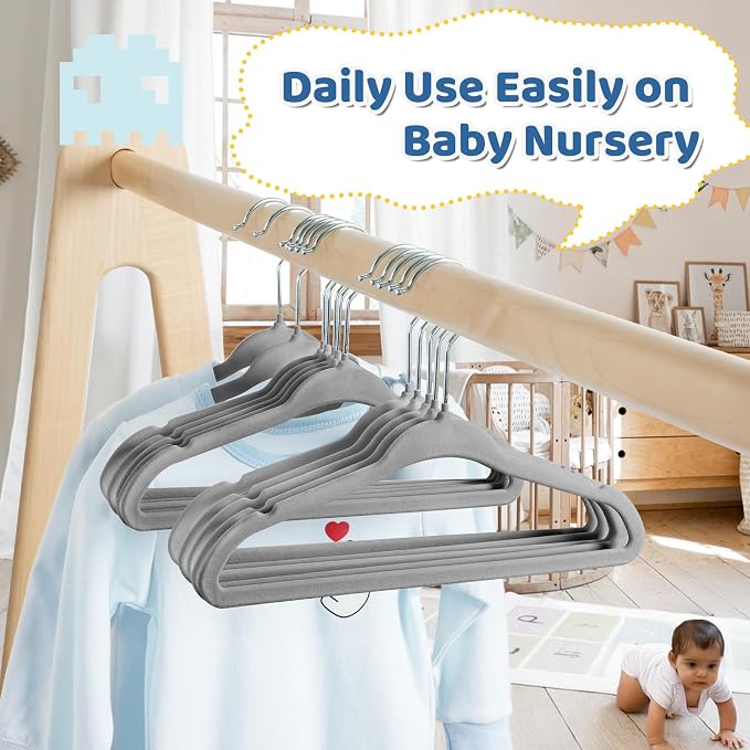 Premium 11 Inch Baby Hangers 50 Pack, Kids Velvet Hanger, Non Slip | Grey Space Saving Felt Hangers Clothes Organizers for Closet with 360° Swivel Hook for Children, Infant & Toddler - Image 8