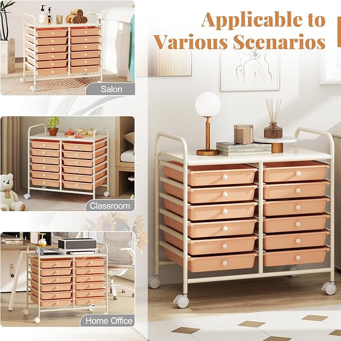 RELAX4LIFE 12-Drawer Rolling Storage Cart - Mobile Utility Cart on Wheels for School Classroom Teacher Office Salon, Paper File Art Supply Craft Organizer, Rolling Cart with Drawers (Pink) - Image 7