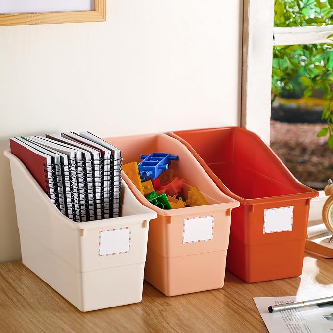 Suzile 6 Pcs Interlocking Plastic Book Bins Bulk Classroom Organizers with Labels Magazine File Holder Boho for Teacher Supplies Library Office Home Storage Container(Classic Colors) - Image 6