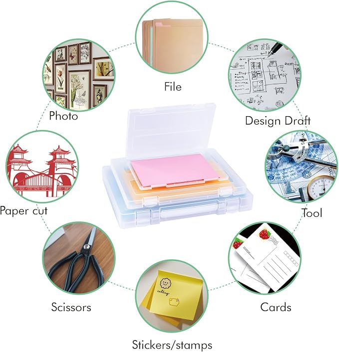12 Packs Storage Boxes, 8.5 x 11 Plastic Portable Project Case for US letter Size and A4 paper, Plastic Multi-Purpose Thick Scrapbook Storage Box for Office (14x0.6x1.6+12.6x9.5x1+9.5x6.7x0.8 inches) - Image 3