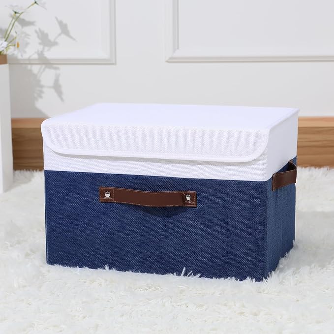 ANMINY Fabric Storage Box Bins with Lids, Blue White, 15"x10"x10" | Keepsake Memory Storage, Cotton Linen, PP Board Reinforced, Washable, PU Handles, Foldable & Stackable, Decorative, Large - Image 6