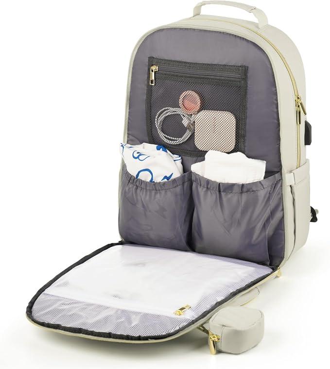 Diaper Bag Backpack, Quilted Baby Bag with Changing Pad and Stroller Straps and Pacifier Case, Multifunction Waterproof Travel Diaper Bags, Unisex, Beige - Image 7