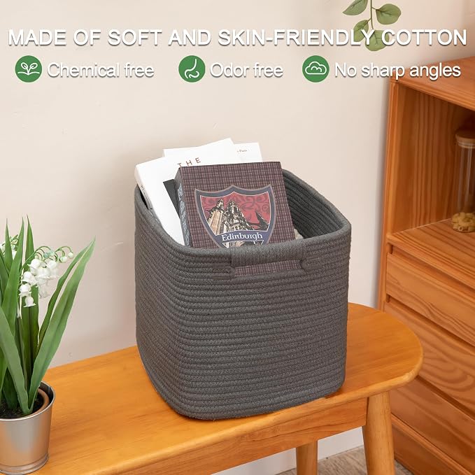 OIAHOMY Storage Cubes 11 Inch Storage Bins-3 Pack, Cotton Rope Woven Baskets for Organizing, Square Baskets for Shelves Organizer, Classroom, Toy Basket, DarK Grey - Image 5
