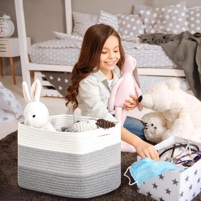 ICERZCZ Storage Baskets for Organizing Shelves, Woven Cotton Rope Baskets for Storage Books Towels Toys, Organizing Baskets, Toy Basket for Nursery Bathroom, 15"x11"x9.5", 3 Packs, Gradient Grey - Image 6