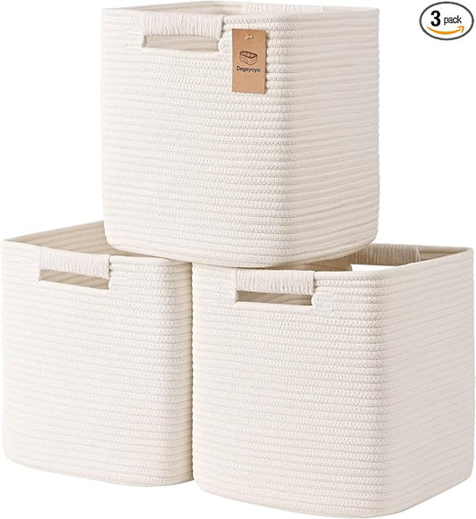 11 Inch Storage Cubes, 3 Pack Cube Storage Bins for Organizing, Cotton Rope Woven Baskets for Shelves, Bathroom, Kids Room, Closets, Baby Nursery by Degeyoyo