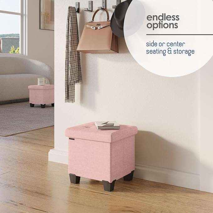 Storage Ottoman Cube with Small Bin, 15-in Square Ottoman with Storage for Living Room and Bedroom, Small Ottomans Foot Rest, Fabric Foot Stools Ottomans Max 330lbs, Pink - Image 7