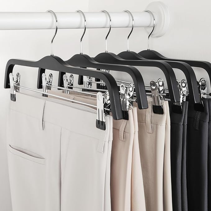 TOPIA HANGER Wooden Pants Hangers, Slim Black Wood Skirt Hangers with Anti-Rust Hook and 2 Adjustable Metal Clips Perfect for Skirts, Pants, Slacks, Shorts, Trouser, Jeans, 20 Pack, CT17B20 - Image 2