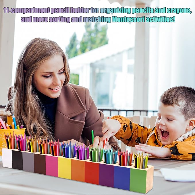 Wooden Colored Pencil Holder Organizer | 11 Compartments Desk Organizer Marker Pen Storage Stand for Kids - Image 6