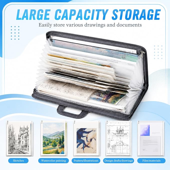 Dunzoom 1 Pack 11 x 17 Art Portfolios, Expanding File Organizer with 13 Pocket for Artwork, Plastic Clear Portfolio Holder Document Binder with Handle, Zipper and 120 Pcs Sticky Labels (Grey) - Image 2