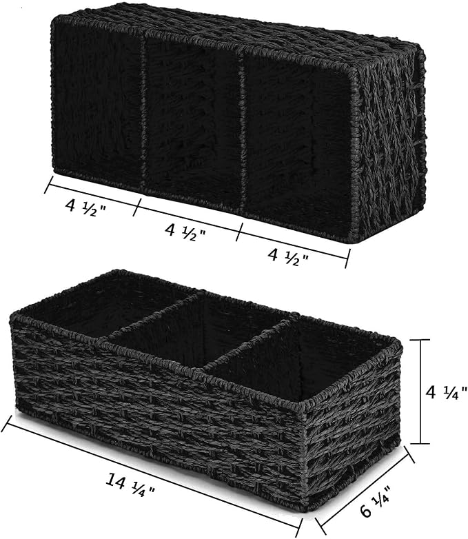 3 Section Wicker Storage Basket, Hand-Woven Paper Rope Wicker Baskets for Organizing, Toilet Tank Basket, Black Baskets for Bathroom, 2-Pack, Black - Image 2