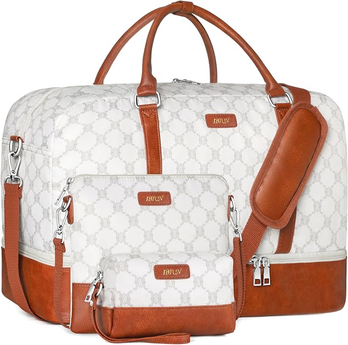 Weekender Bags for Women, 21" Travel Duffle Bag with Shoe Compartment | 3PCS Carry On Overnight Large Duffel Bag with Crossbody Bag and Toiletry Bag for Weekend Travel Gym Hospital Business Trip by IBFUN