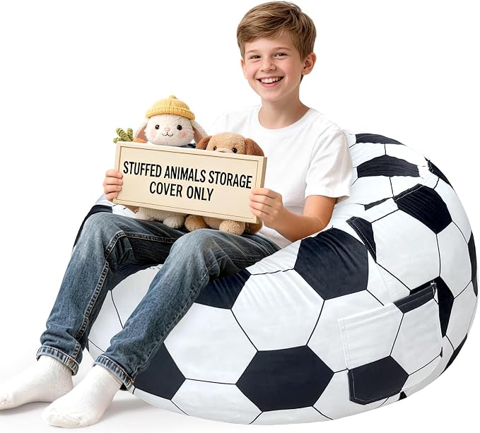Lukeight Soccer Stuffed Animal Storage Bean Bag Chair Cover for Teens, Velvet Plush Toy Organizer Seat, Cover Only, No Filling Included, Long YKK Zipper, Side Pocket, XX-Large 36"D x 20"H by Lukeight