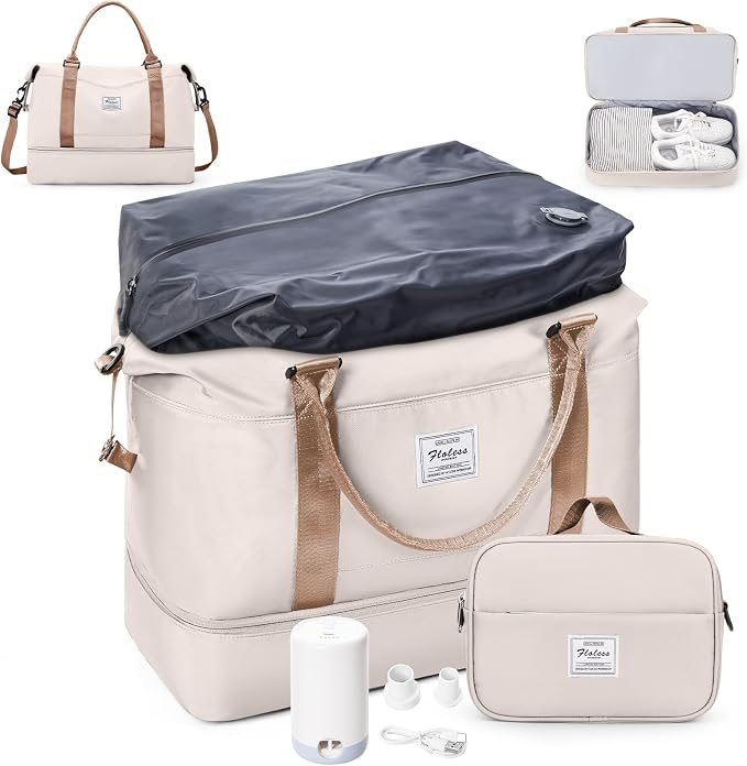 Weekender Bags for Women, Personal Item Travel Bag with Shoes Compartment | Vacuum Overnight Travel Duffel Bag with Air Pump & Compression Pocket by SYCNB