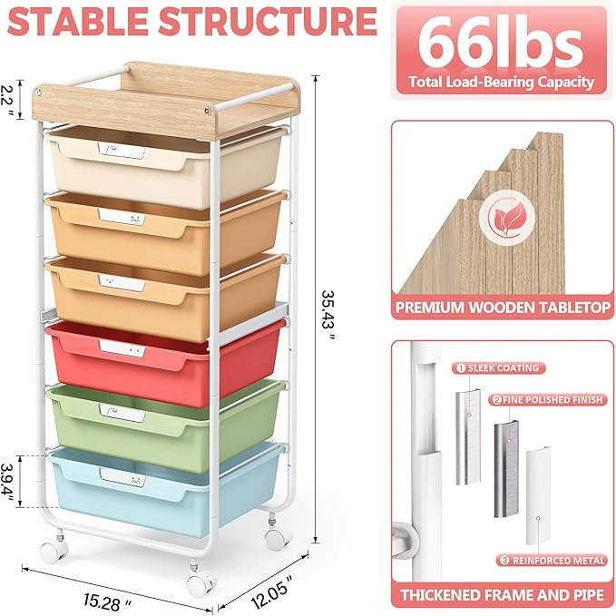 SYKIARIOL Rolling Cart with 6 Drawers,Craft Organizer and Storage,Rainbow | Utility Storage Cart with Drawers,Art Cart,Makeup Organizer With Wooden Tabletop - Image 5