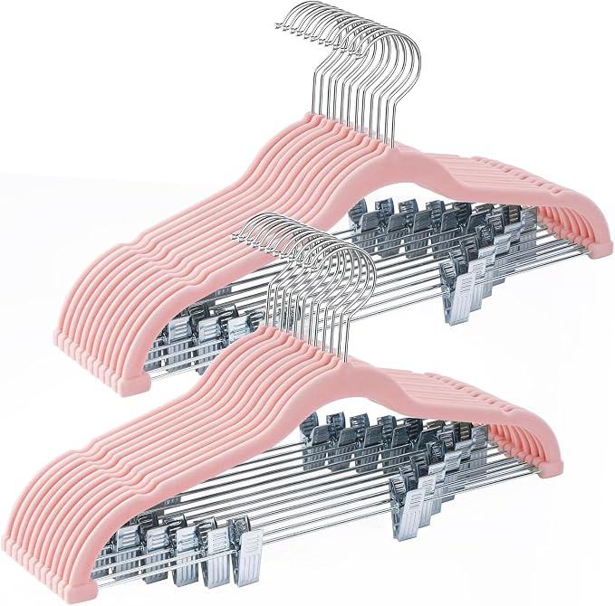 24-Pack Blush Pink Velvet Hangers with Clips Adjustable,Adult Hangers,Heavy-Duty,Felt,Non-Slip,Space Saving,Slim Outfit Hanger for Pants, Skirts, Suits,Coats, Dresses ect. by Uilmart