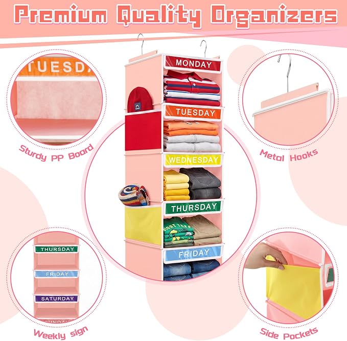 2 Pcs 7 Shelf Weekly Clothes Organizer for Kids Hanging Closet Organizer 11. 8 x 11. 8 x 50 Inch Daily Activity Kids Clothes Storage Drawers Cube Drawers Closet Hanging Shelves(Orange Pink) - Image 3