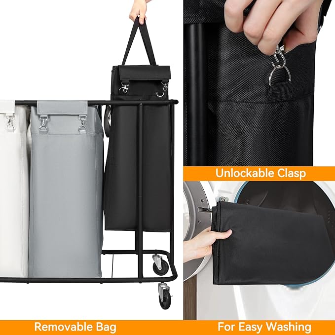 WOWLIVE Laundry Hamper 3 Section, 260L Rolling Laundry Basket with Wheels | Laundry Cart with Steel Frame and Removable Bags, Large Dirty Clothes Hamper Dorm Room Storage for Bedroom - Image 5