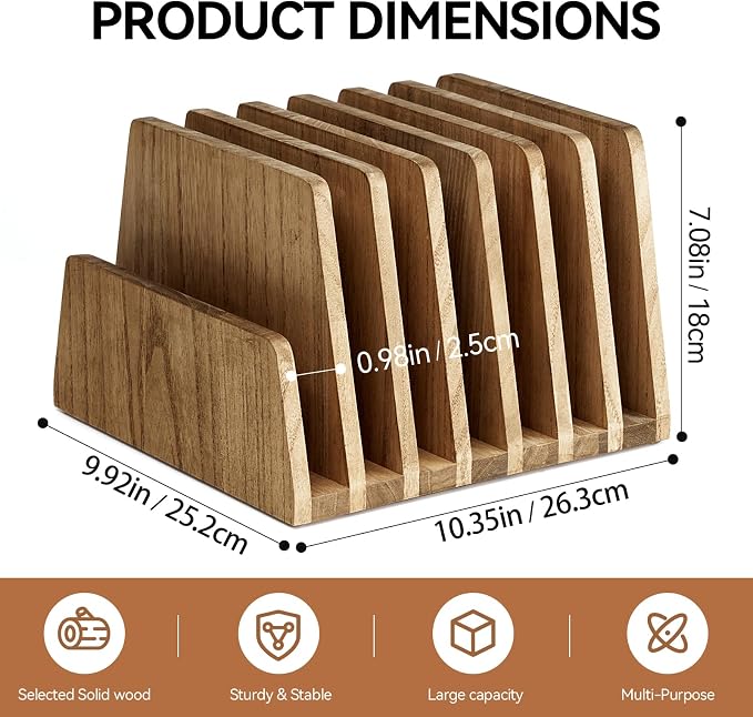 KIRIGEN Wooden File Organizer, 7-Slot Upright Holder for Desk, Brown 7K-DBR | Seven Upright Slots Sort Mail, File Folders, Papers, Bills, Envelopes, and Notebooks; 9.92 x 10.35 x 7.08 In, No Assembly - Image 6