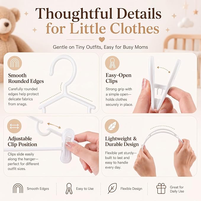 Hsei Baby Hanger with Clip for Pant,120 Packs Total,White,10.6 Inch | 40 Kids Plastic Hanger with 80 Clips for Newborn, Nursery, Daycare, Preschool, Closet, Wardrobe Organizer for Baby Shower - Image 3
