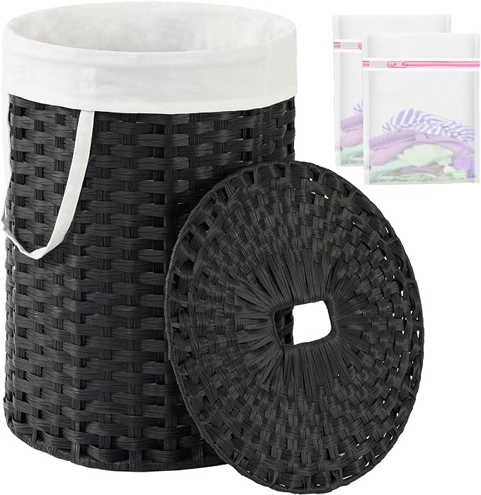 SETVSON Laundry Hamper with Lid 23.8 Gal Handwoven Laundry Basket Black | The lid hides dirty clothes, keeping spaces neat and fresh. 90 L Large Capacity, Stylish Design with Handles Easy Transport by SETVSON