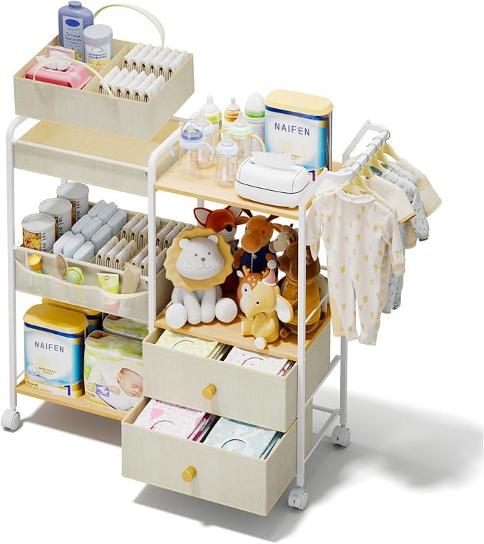 BBLIKE Diaper Caddy Organizer with Hanging Rack - 3 Tier Rolling Baby Storage Cart with Drawers and Side Pockets for Newborn Diaper Organization for Nursery, Crib, Bedroom, Changing Table, Beige by BBLIKE